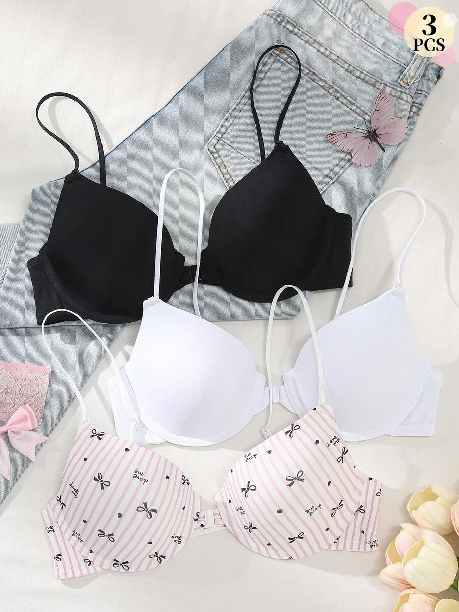 LustreForm Casual Minimalist Push-Up Front Closure Underwire Bra 3 Pieces Set For Women - Multicolor - View 1