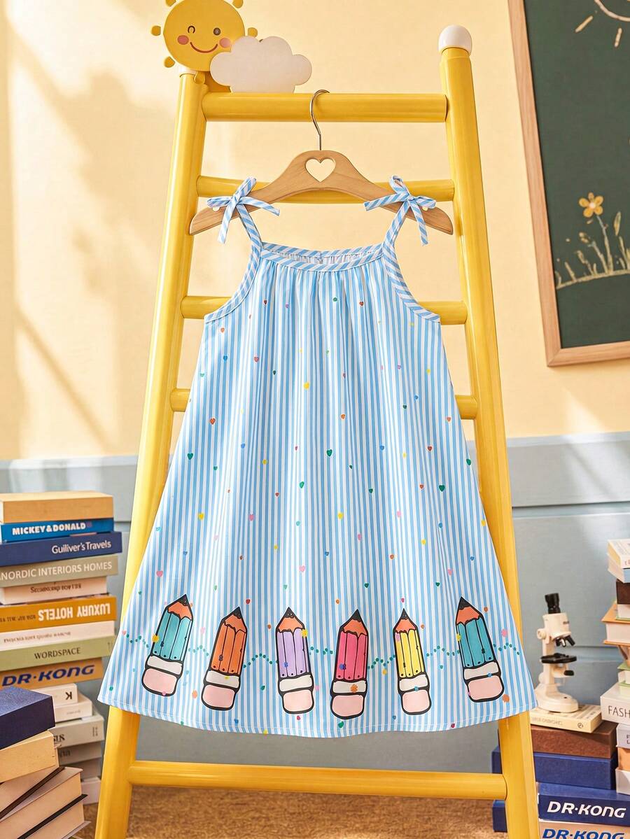 Girls Outfit Set 1pc Blue Striped Dress, Cartoon Brush Pattern Hem Bow Accessory Spaghetti Strap Tank Top ,Back-To-School Girls Clothing
