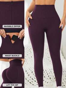 Easithlete Easithlete Seamless Zipper Adjustable Waistband Sports Yoga Leggings - Purple - View 3
