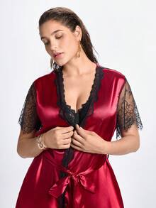 Slumbrini 大尺碼女款蕾絲拼接仿絲蝴蝶結裝飾露背性感睡袍，萬聖節內衣，紅色 - 酒紅色 - 查看 8