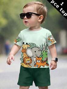 Young Boy Short Sleeve T-Shirt Casual Minimalist Suitable For Summer, Classic Cute Hand-Drawn Animal Pattern Print, Cute Cartoon Giraffe, Elephant, Crocodile, Lion, Animal Pattern Print, Suitable For Autumn/Winter - Multicolor - View 4