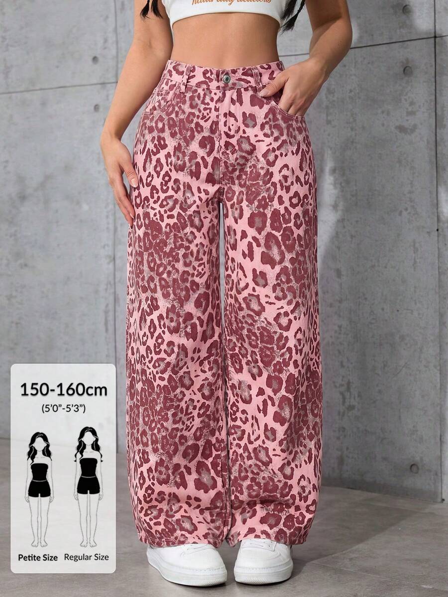 SHEIN PETITE 女款豹紋印花口袋寬腿寬鬆休閒牛仔褲 - 粉色 - 查看 1