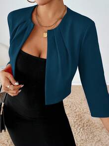 SHEIN Essnce 女款素色休閒百搭通勤旅行長袖西裝外套 - 水鴨藍 - 查看 4