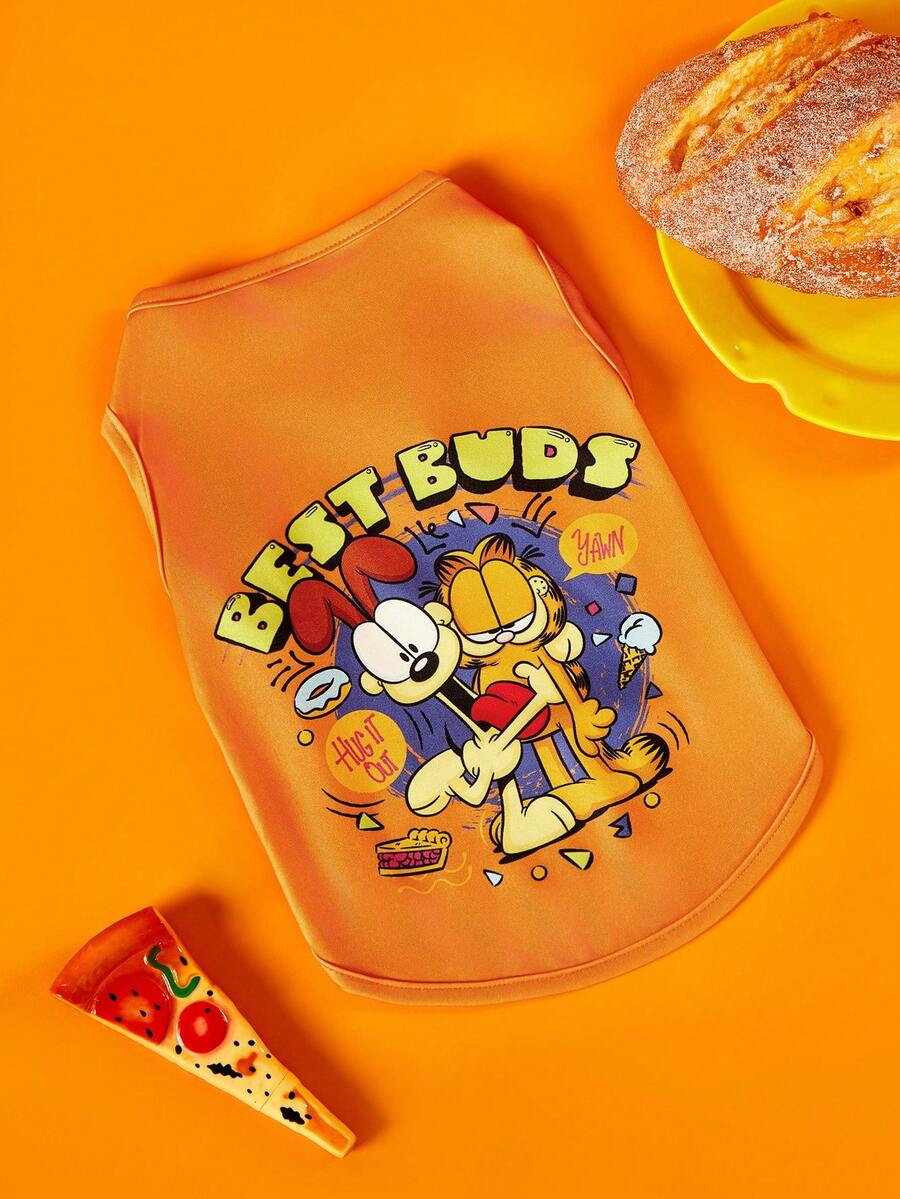 GARFIELD | PETSIN 1件懒惰大眼猫和大眼狗波点字母印花宠物背心,橙色亲肤透气防掉毛休闲宠物服装 - 橘色 - 查看 1