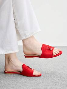 CUCCOO BIZCHIC 女款玫瑰紅麂皮質感經典平底拖鞋，舒適百搭，適合夏季通勤與辦公穿著 - 玫瑰紅 - 查看 4