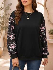 EMERY ROSE Plus Size Women's Patchwork Floral Print Crew Neck Long Sleeve Casual Sweatshirt Fall - Black - View 4