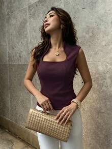 Cévolie Summer Elegant Commute Solid Color Sleeveless Top Brunch Dark Purple - Purple - View 4