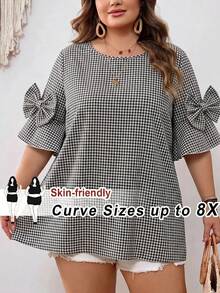 SHEIN CURVE+ 大码女式圆领格子休闲百搭日常衬衫 - 黑與白 - 查看 4