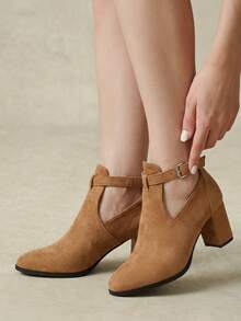 Styleloop Women Shoes Autumn And Winter Suede Metal Buckle Round Toe Thick Heel Ankle Boots Simple Commuter Style Workplace Daily Wear Fall Shoes - Khaki - View 9