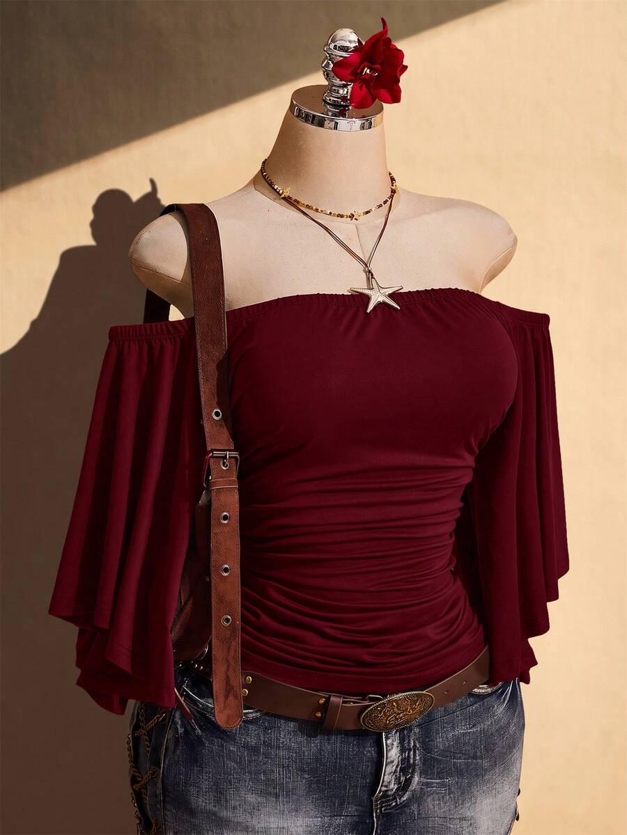 SHEIN ICON 女款大尺碼露肩純色喇叭袖時尚上衣 - 酒紅色 - 查看 1