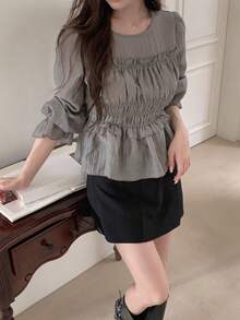 DAZY 女款圓領荷葉邊長袖春夏襯衫 - 淺灰色 - 查看 7