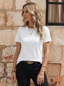 EMERY ROSE Women's Summer Solid Color Round-Neck Short Sleeve Casual T-Shirt - White - View 3
