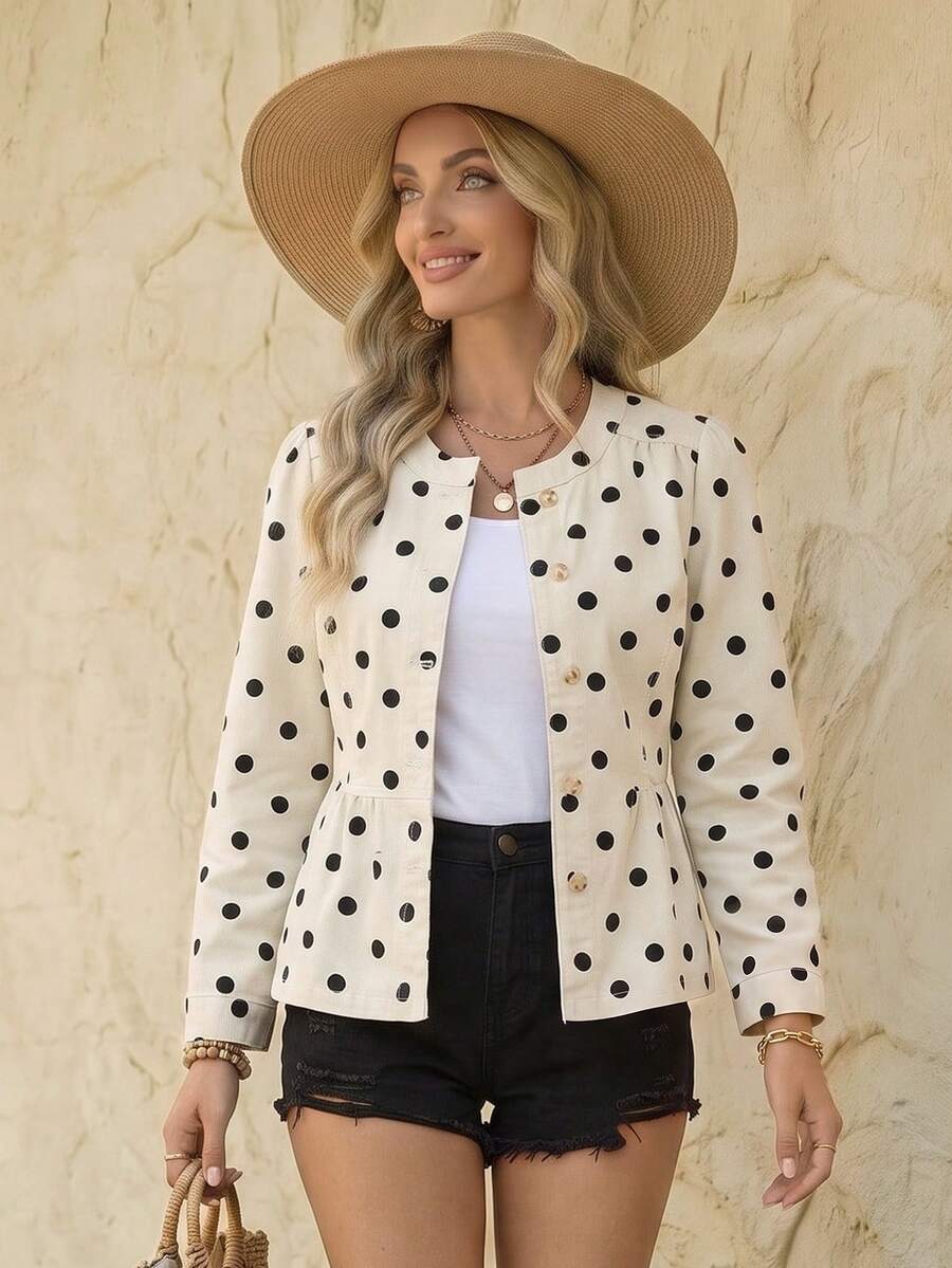 EMERY ROSE Women's Casual Retro Vintage 70s Elegant French Style Vacation Commute Office Work Black And White Polka Dot Print Denim Jacket Spring/Autumn - Beige - View 1