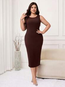 Modelyn Plus Size Elegant Party Sequin Jacket & Dress 2 Pieces Set - Rust Brown - View 3