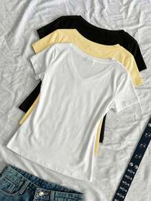 SHEIN EZwear 3件組女款夏季V領修身T恤，龐克次文化動漫純色基礎款V領短袖修身T恤 - 彩色 - 查看 2