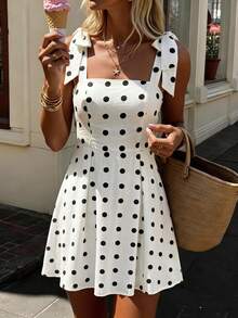 SHEIN LUNE Women's Casual 70s Romantic Cute Summer Vacation Commute Brunch Beach Daily Basic Outing White With Black Polka Dots Sleeveless Tie Waist Short Dress - Black and White - View 2