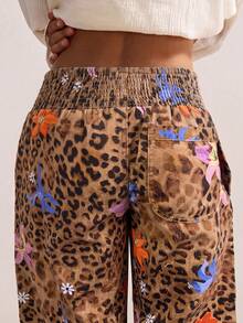 Bohemela Women's Elastic Waist Loose Embroidered Leopard Print Denim Jeans - Multicolor - View 7