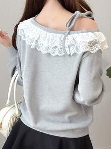 FRIFUL Women's Early Autumn New Korean Style Asymmetric Neck Lace Trim Tie-Up Patchwork Sweatshirt - Grey - View 2