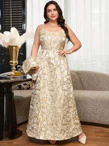 Reflora Plus Size Elegant Metallic Texture Pleated Cami Dress And Faux Pearl Button Top 2-Piece Set, - Gold - View 7