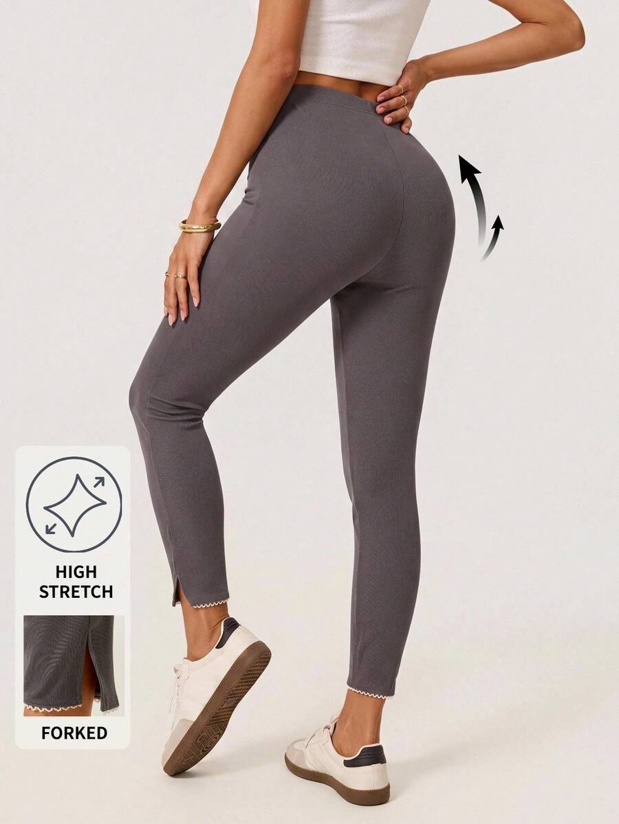 SHEIN BASICS 女款純色彈性腰休閒百搭內搭褲 - 灰色 - 查看 1