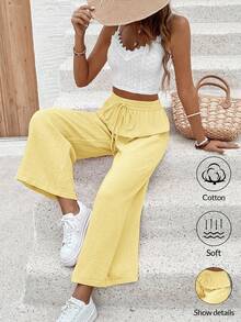 SHEIN Frenchy 女款純色抽繩腰休閒百搭日常穿著長褲 - 黃色 - 查看 7