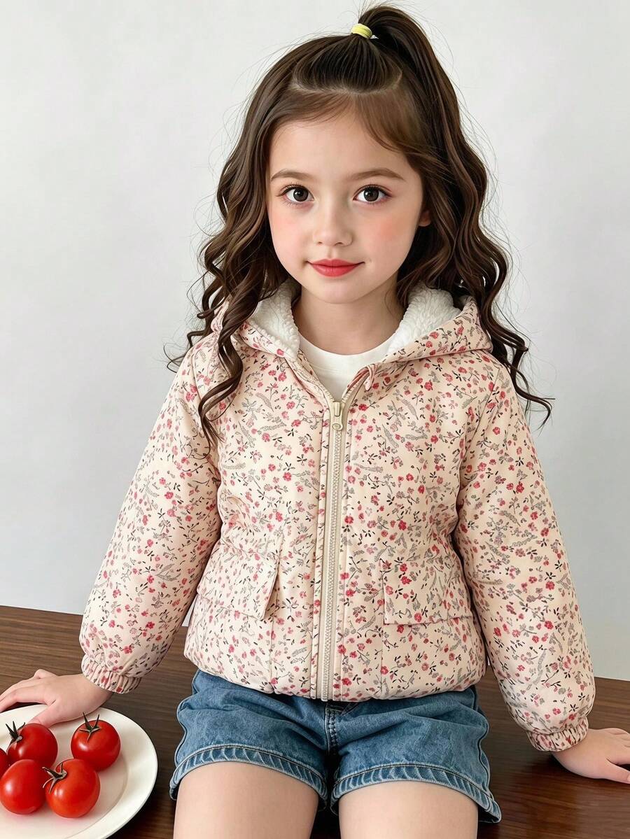 SHEIN Genkimix Kids 年轻女孩新款冬季棉衣,拉链连帽,杏色碎花,保暖内衬,修身剪裁,腰部收紧,口袋多,休闲百搭,外套 - 彩色 - 查看 1