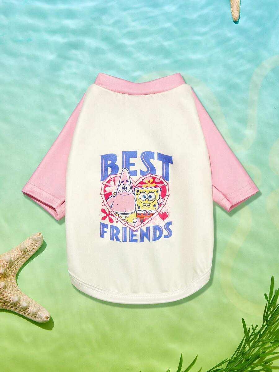 SpongeBob SquarePants | PETSIN 1件可愛好朋友海星水蒸氣字母印花粉色與白色拼接寵物T恤,柔軟透氣且親膚,適合室內舒適時光或戶外玩樂時光 - 彩色 - 查看 1