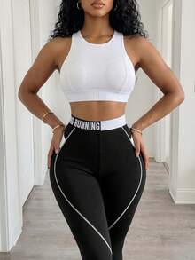SHEIN BamGlam Letter Tape Waist Sports Set Workout Women Set Women Leggings Set - Black and White - View 4