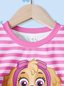 SHEIN | PAW Patrol 2pcs/Set Baju Lengan Pendek dan Celana Pendek Motif Garis-garis dan Kartun untuk Anak Perempuan - Putih - View 3