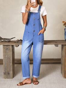 Balvessa Women's Fashion Versatile Button Pocket Denim Overalls - Blue - View 7