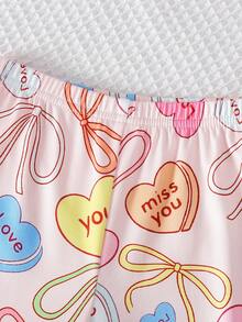 2 Pieces Girls' Tight Long Sleeve Pants With Cute Heart & Bow Full Print, Best Gift For Girls, Home Wear, Versatile Fashion, Best Choice - Pink - View 4
