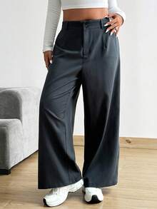 Vionelle Plus Size Loose Straight Wide Leg Pants With Pockets, Solid Color Fall Cloth For Women - Dark Grey - View 3