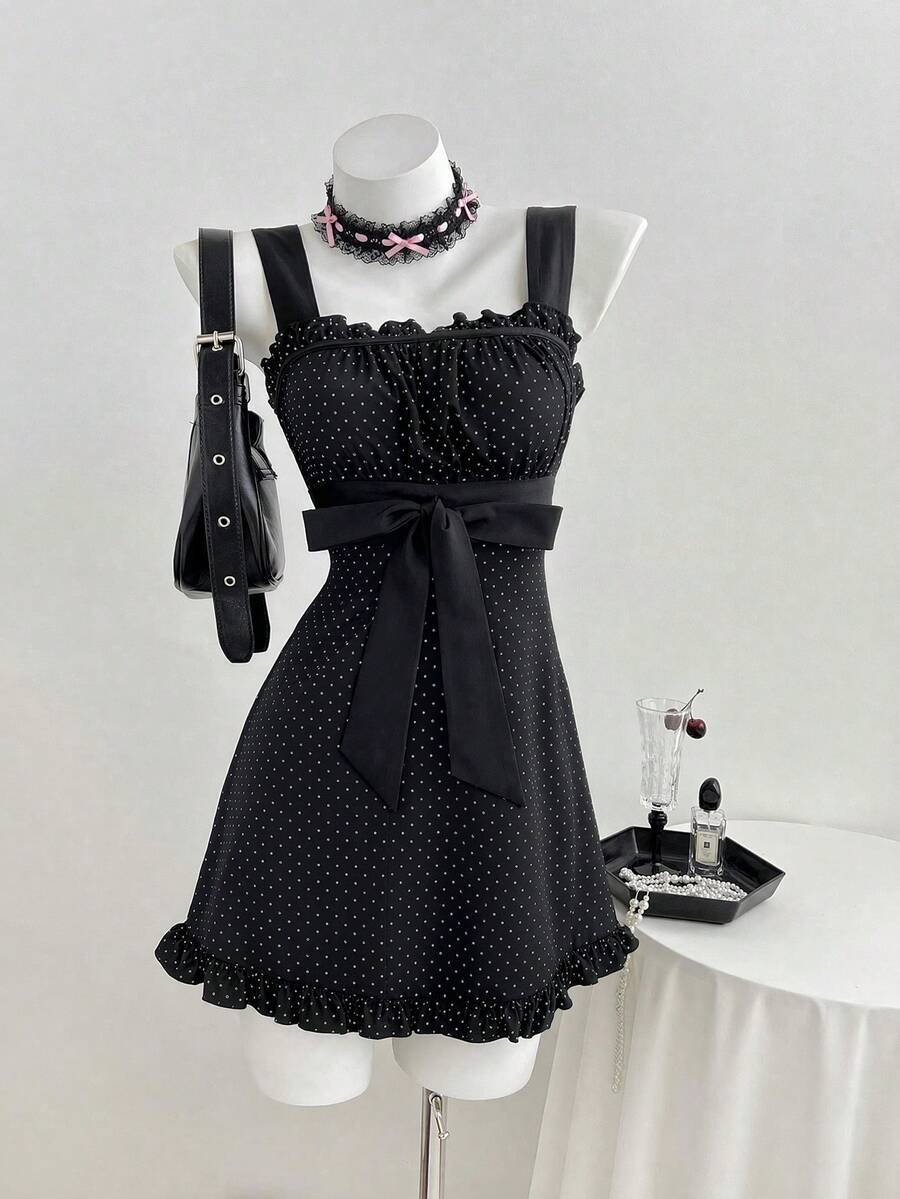 Elamini Women's Polka Dot Patchwork Tie Bow Dress, Sweet Y2K Style - Black - View 1