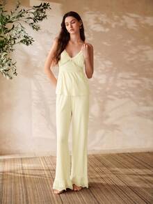 MOTF PREMIUM LACE PATCHWORK MODAL TOP & PANTS PAJAMA SET, SPRING/SUMMER - Yellow - View 3