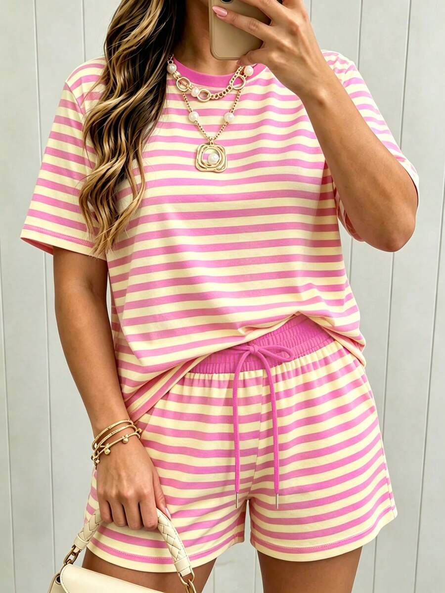 EMERY ROSE Setelan Musim Panas Motif Garis-Garis Pink dan Kuning Lembut untuk Wanita, Atasan Lengan Pendek Longgar Berkerah Bulat dengan Celana Pendek Bertali, Setelan Dua Potong untuk di Rumah atau Santai - MultiWarna - View 1