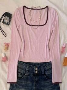 SHEIN Tween Girl Simple Contrast Color Square Neck Long Sleeve T-Shirt For Weekend Outings - Pink - View 5