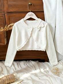 SHEIN Elladie kids 少女蝴蝶結裝飾休閒百搭日常穿搭開襟衫 秋季 - 白色 - 查看 2