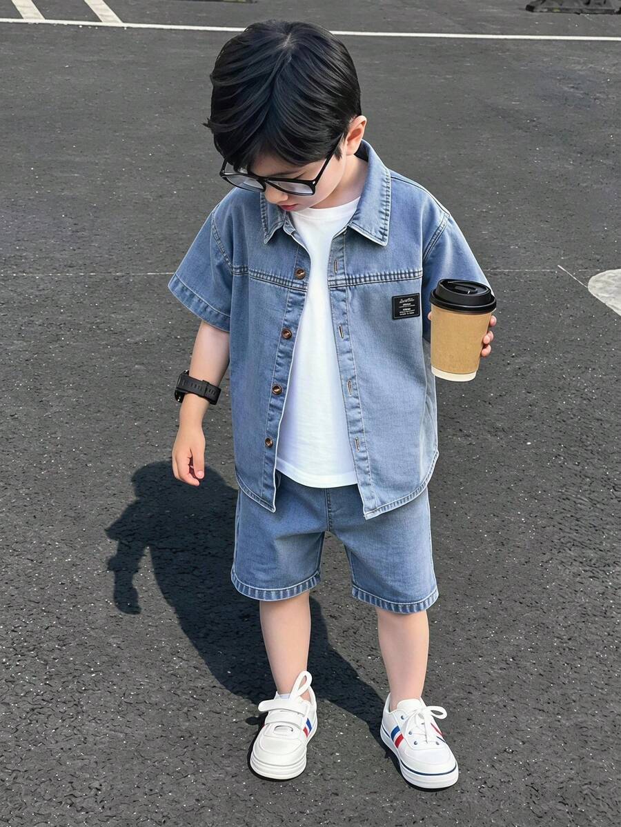 SHEIN 三件套男童复古美式夏季韩版时尚宽松小众牛仔衬衫+纯白短袖T恤+休闲牛仔短裤。适合日常穿着、上学、郊游、户外运动、旅行、春季郊游、夏令营、度假等场合。 - 藍色 - 查看 1