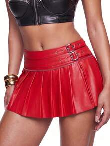 SHEIN ICON Low Waist Double Belt Pleated Slit Skirt, Minimalist Fashion Suitable For Summer - Red - View 1