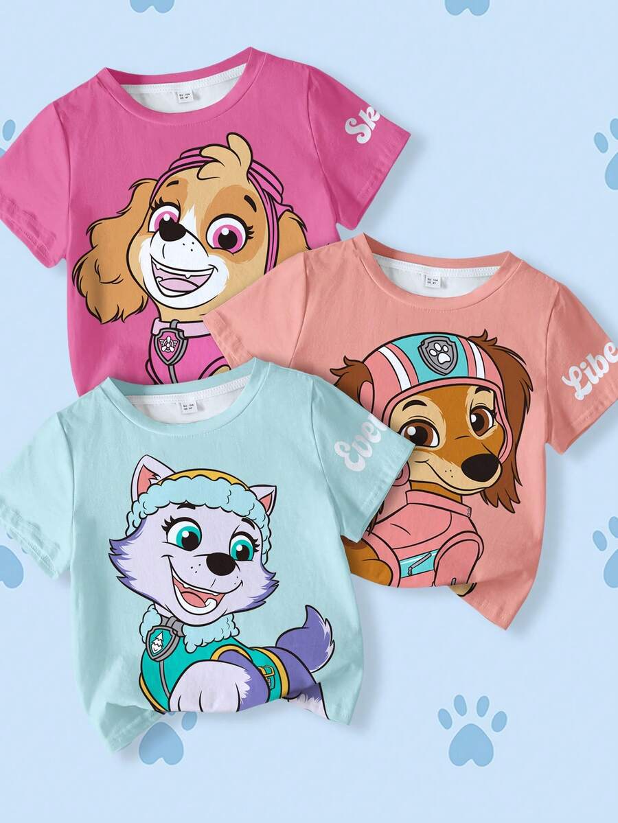 SHEIN | PAW Patrol 卡通印花短袖休闲T恤,适合年轻女孩 - 彩色 - 查看 1