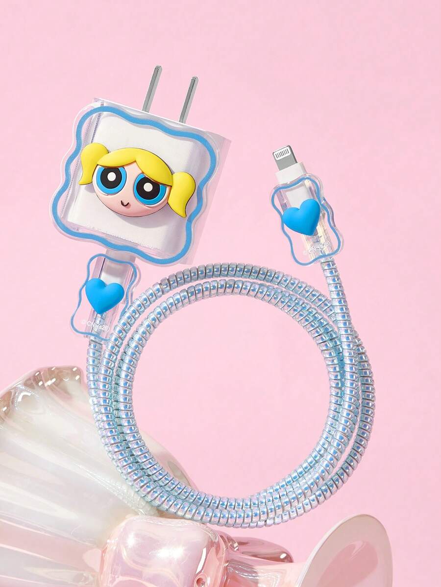 THE POWERPUFF GIRLS X SHEIN Data Cable Protector, Suitable For IPhone Charger, 4-Piece Set Of Mobile Phone Cable Protectors, Charger Protector (Excluding Data Cable) - Bubbles-Blue - View 1
