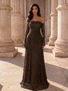 Coutiva Elegant Lady Banquet Dinner Evening Cocktail High-End Lace Off-Shoulder Dress Evening Gown Wedding Olive Green Winter - Coffee Brown - View 6