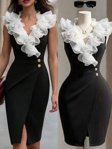 Fine & Folde Women's French Elegant Black And White Gauze Flower Hem V-Neck Tightparty Short Dress, With Sleeves And Front Split,Suitable For Elegant Date Holidays - Multicolor - View 2
