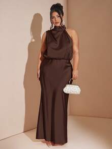 SHEIN BAE فستان ساتان فاخر أنيق بدون أكمام - بني - مشاهدة 5