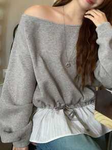 Dazy Plus Loose Casual Patchwork Chiffon Hem Off-Shoulder Thermal Lined Thickened Sweatshirt For Girls, Spring Autumn Winter - Grey - View 4