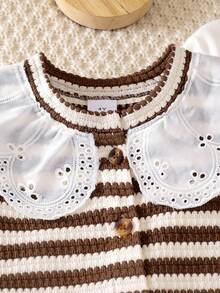 3pcs Genkimix Young Girl Ruffle Collar Fitted Solid Color Base Layer Top + Lace Collar Fashion Casual Front Button Vest + Fashion Casual Solid Color Straight Leg Pants - Brown - View 6