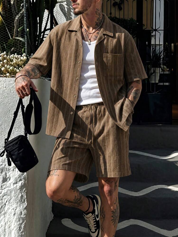 Genlund Men's Striped Short Sleeve Shirt And Drawstring Shorts Set Casual Summer Beach Vacation Outfit,Two Piece Sets Men Casual - Khaki - View 1