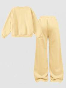 SHEIN Girlism 青少年女孩秋冬休閒抓絨內裡加厚運動衫套裝，紐約市印花寬鬆圓領落肩長袖套頭衫搭配同款印花百褶寬腿直筒運動長褲，2件式運動風套裝，麻灰色 - 黃色 - 查看 2