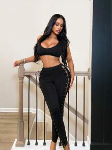 BamGleam YK2 Sexy Girls' Fashion Women's Long Pants With Side Tie-Downs And Hollow Design, Suitable For Music Fest Halloween Party Night Black Autumn - Black - View 6
