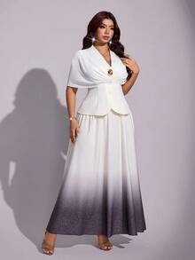Viva Relle Plus Size Elegant V-Neck Cinched Waist Cape Top + Gradient Print Full Skirt Long Dress 2-Piece Set - Black and White - View 5